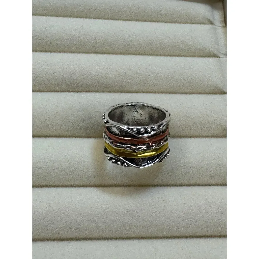 Size 9 Boho Wide Band Ring Silver Gold Copper Textured Statement Ring 1/2